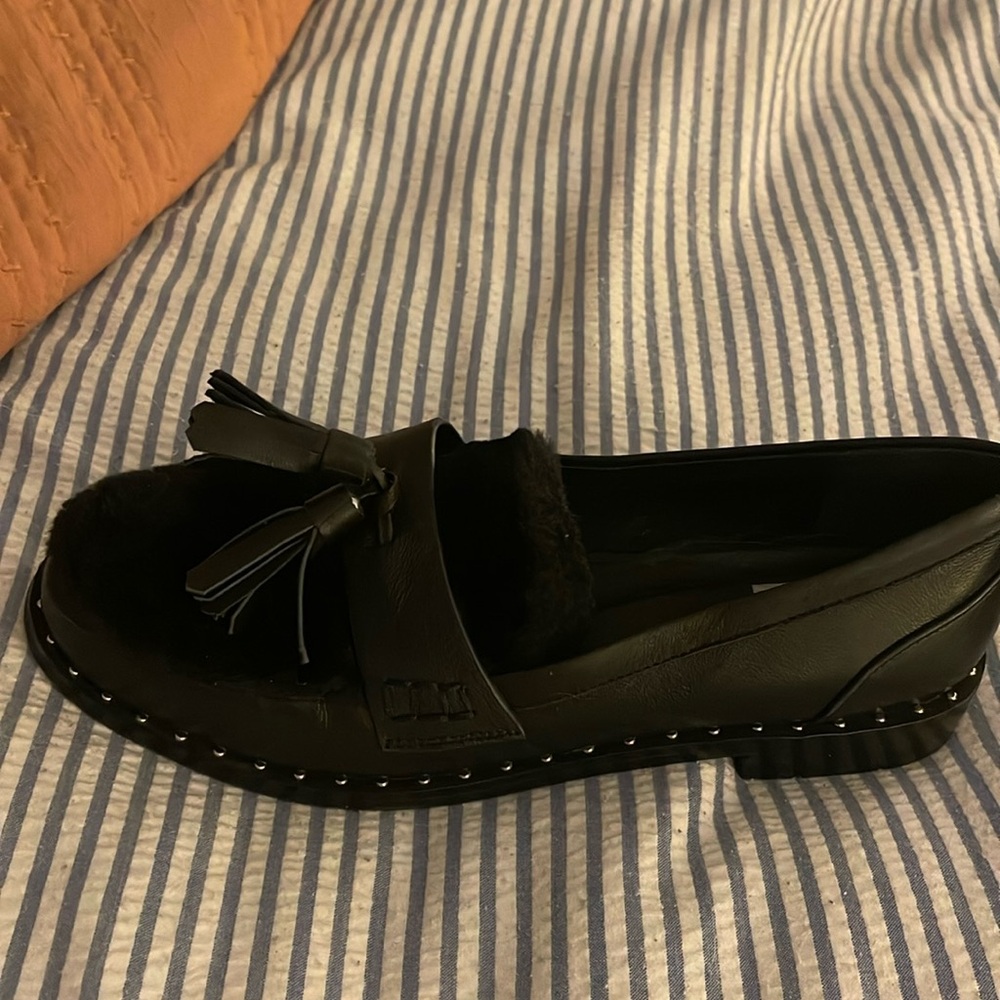Anthropologie Bibi Lou Black Faux Fur Loafers NWT Size 38